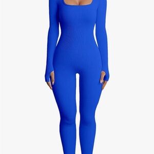 Blue Ribbed Long Sleeve Jumpsuit
